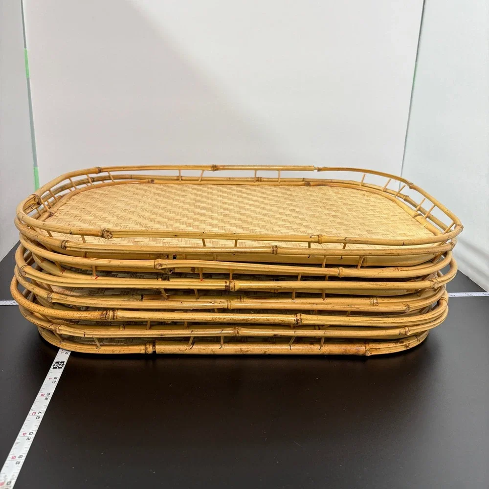 Vintage Bamboo Serving Trays Lot of 7 Tan Woven Rattan Boho Decor Tiki TV Lap